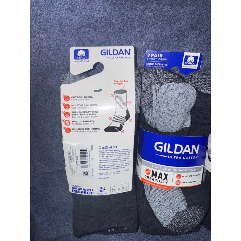 Gildan Ultra Cotton Mens Short Crew Socks 12 Pair Pack Black Grey Shoe Size 6-12